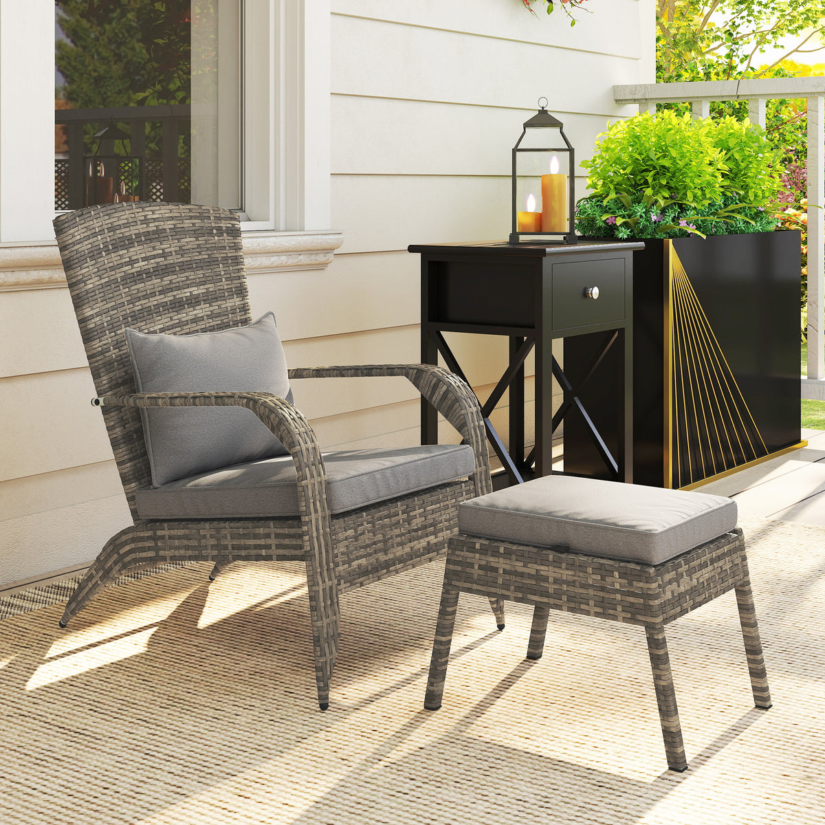 Wicker Adirondack Chair Fire Pit Chair w/ Ottoman & Cushions, Gray