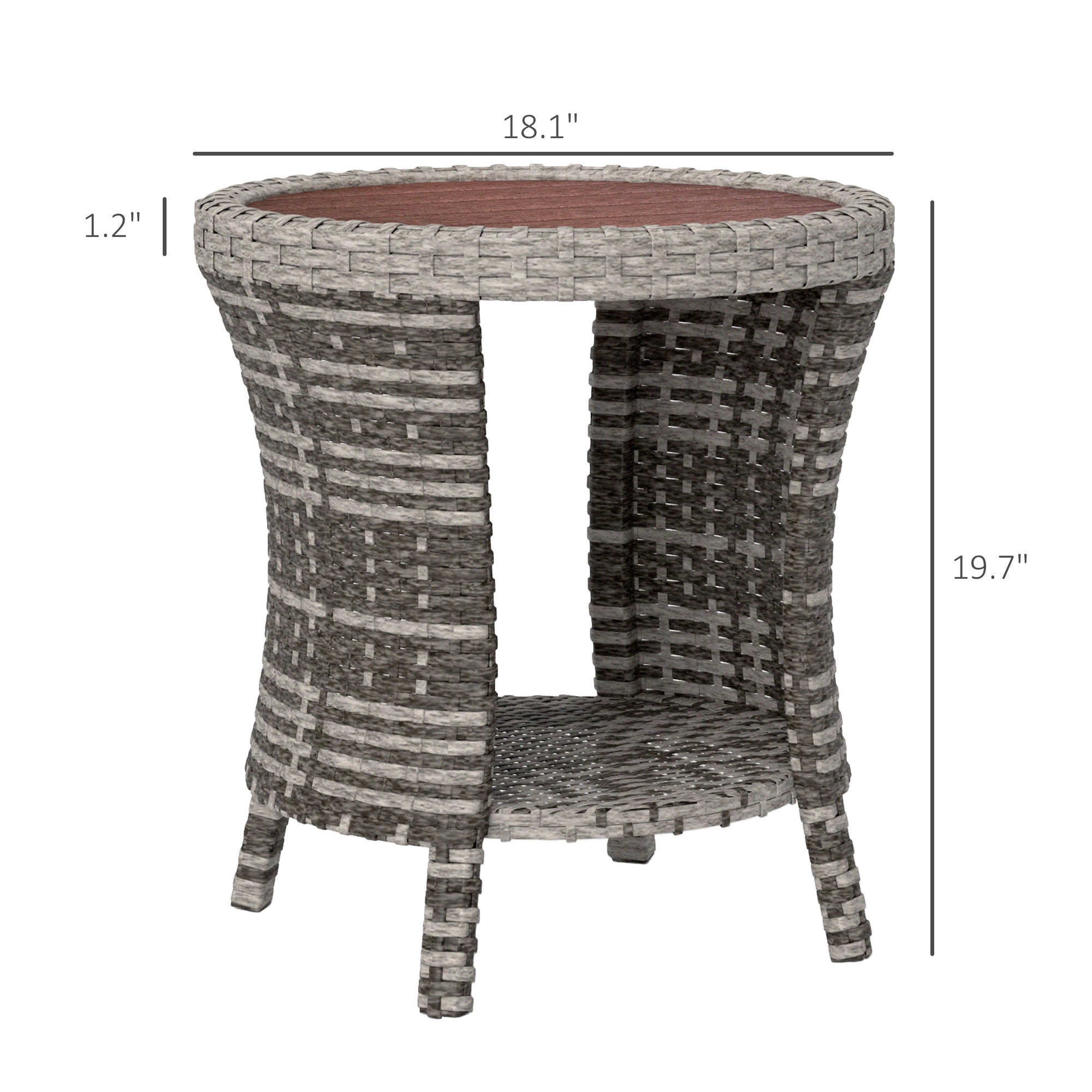 18" Wicker Outdoor Coffee Table, PE Rattan Patio Side Table with 2-Tier Storage, Composite Wood Top, Mixed Gray