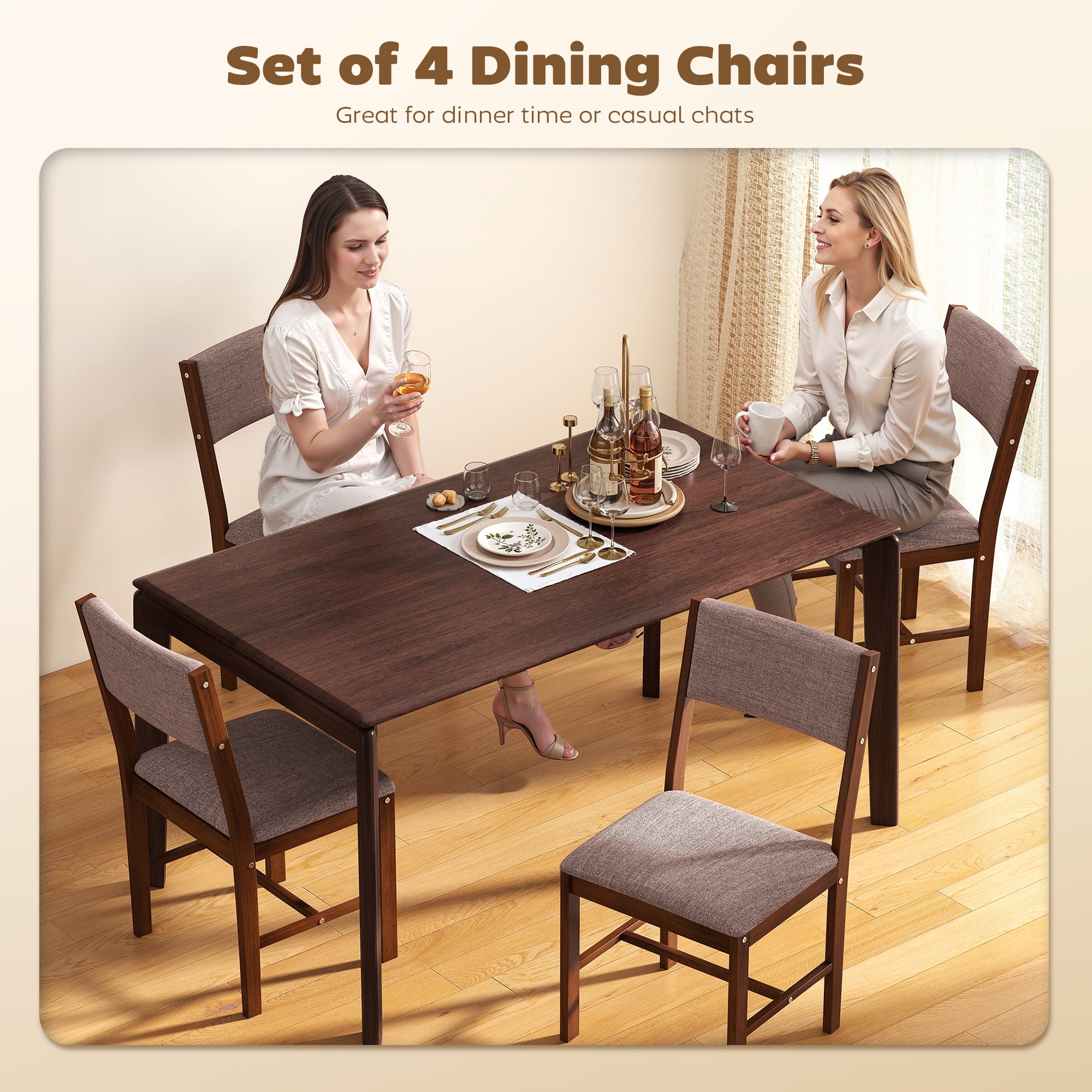 Modern Dining Chairs Set of 4, Linen Fabric Kitchen Chairs with Rubberwood Legs for Dining Room, Living Room, Brown