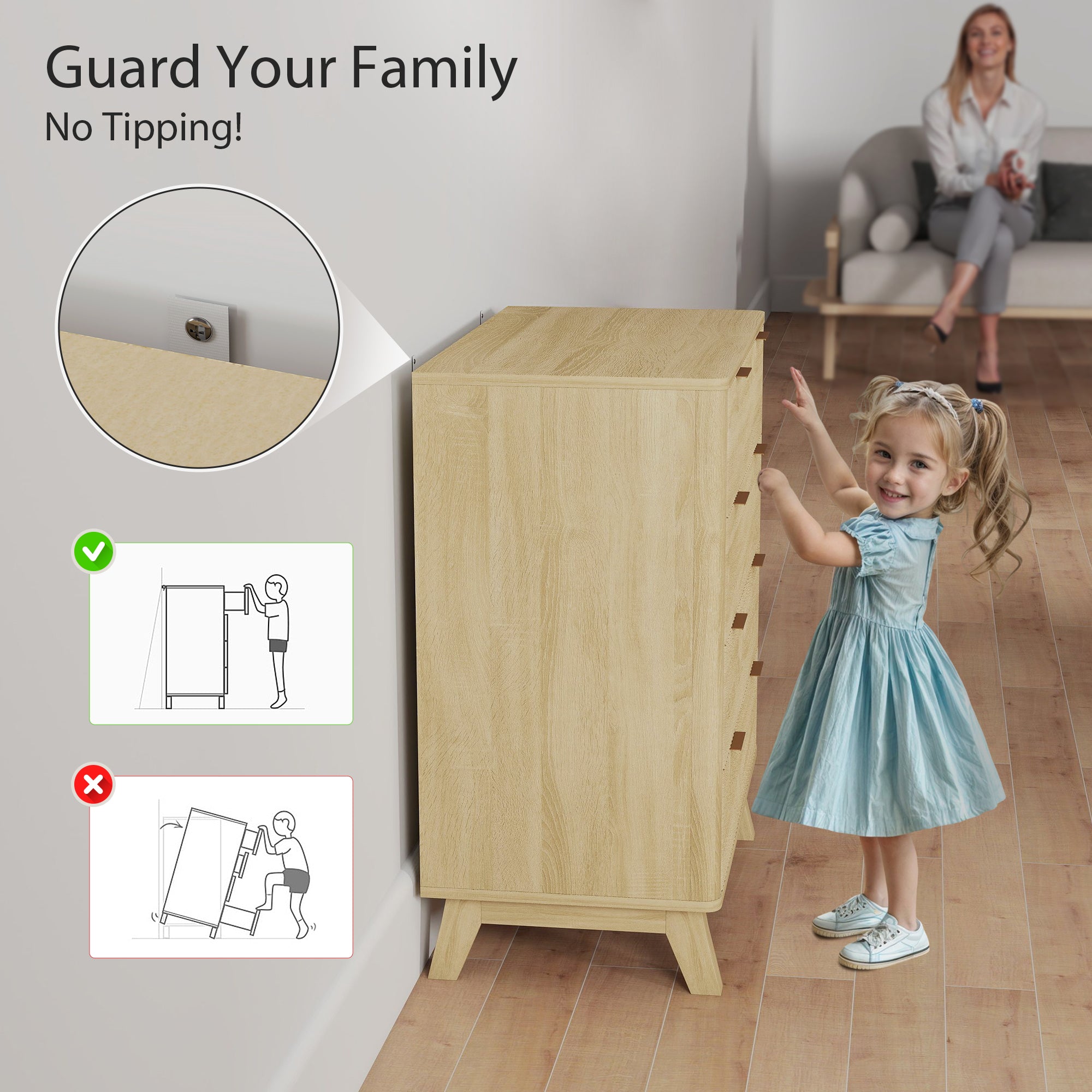 4 Drawer Double Dresser for Bedroom, Fluted Chest of Drawers with Gold Finger Pulls and 4 Wood Legs, Natural Wood