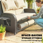 Patio Rattan Daybed, Wicker Outdoor Daybed with Storage Ottoman, Loveseat w/ Adjustable Backrest, Beige