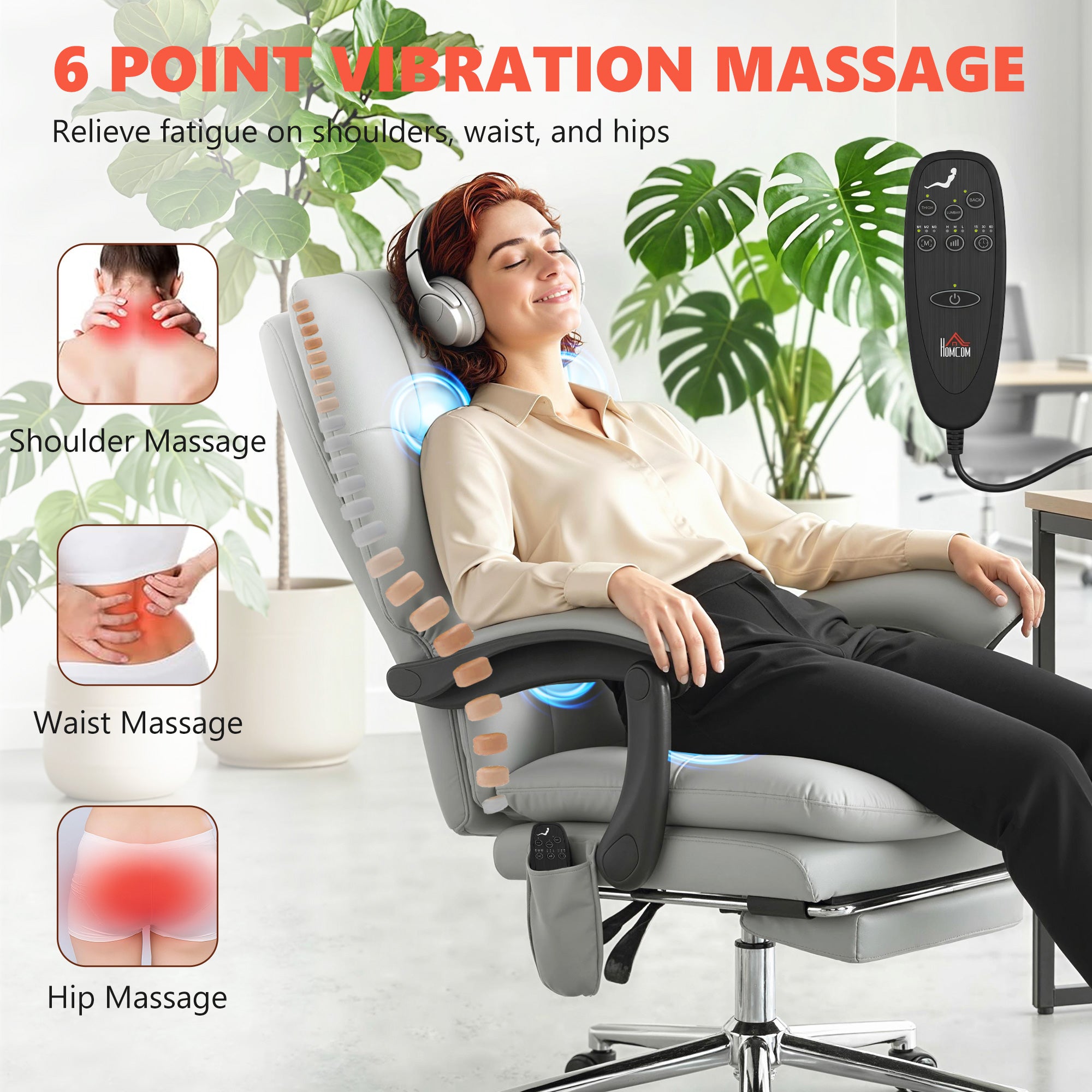 Massage Office Chair with 6-Point Vibration, Pet-Friendly Faux Leather Ergonomic Executive Desk Chair, Light Gray