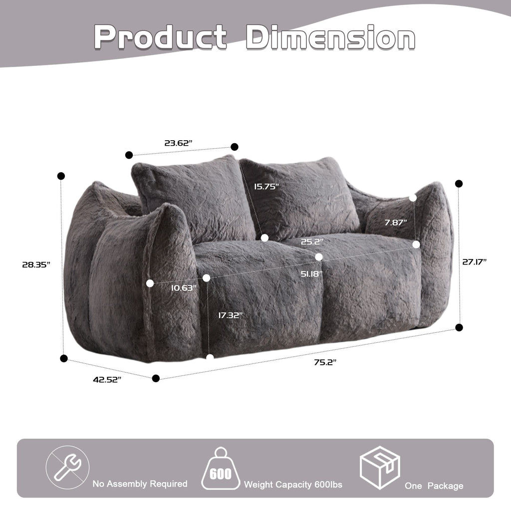 Bean Bag Sofa with High-Density Foam and Faux Fur Fabric, Compressed Sofa Oversized Fluffy Loveseat for Adults, 75" L x 42.5" W x 28.5" H, Grey