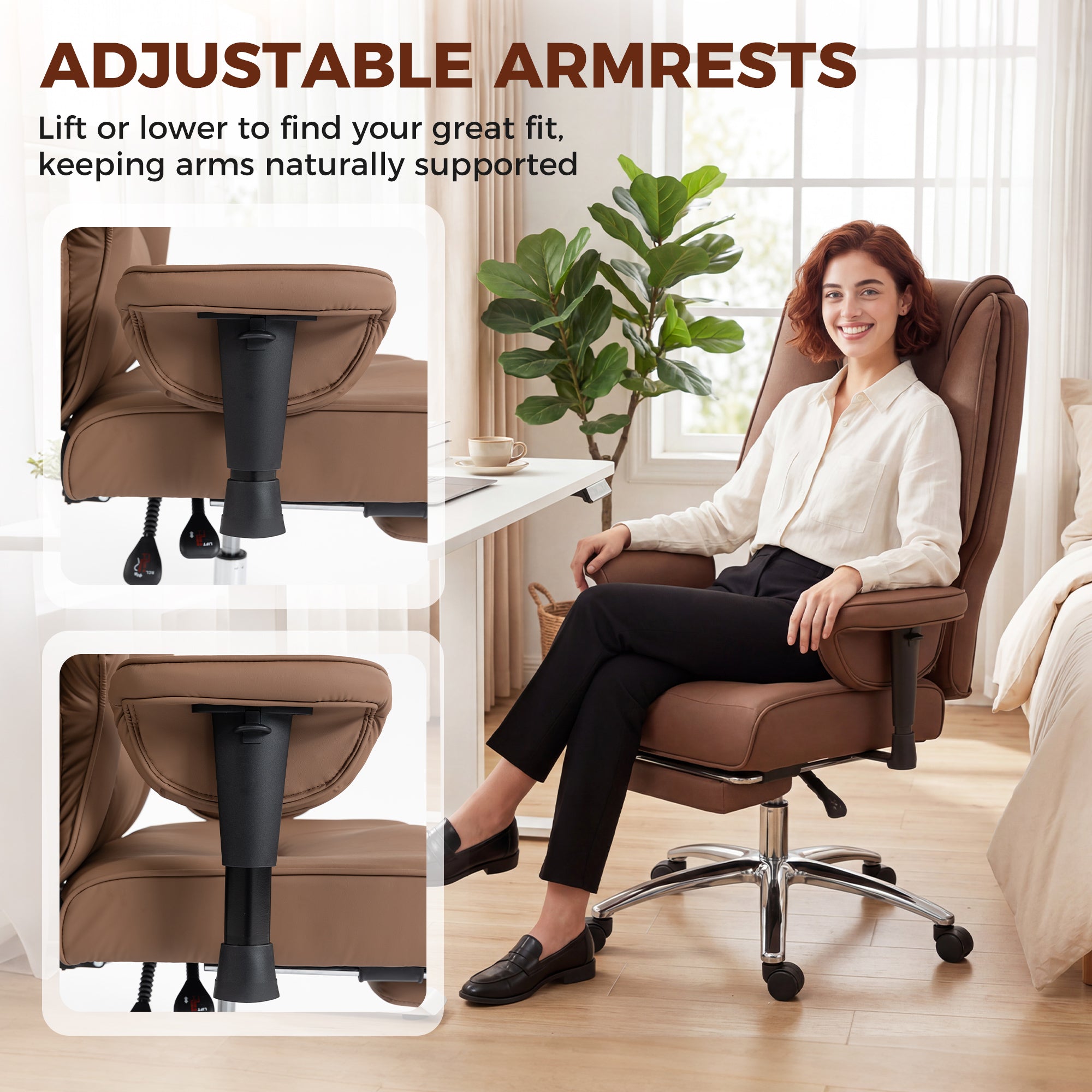 Ergonomic Office Chair, High Back Reclining Desk Chair with Adjustable Armrests, Pet Friendly Faux Leather, Brown