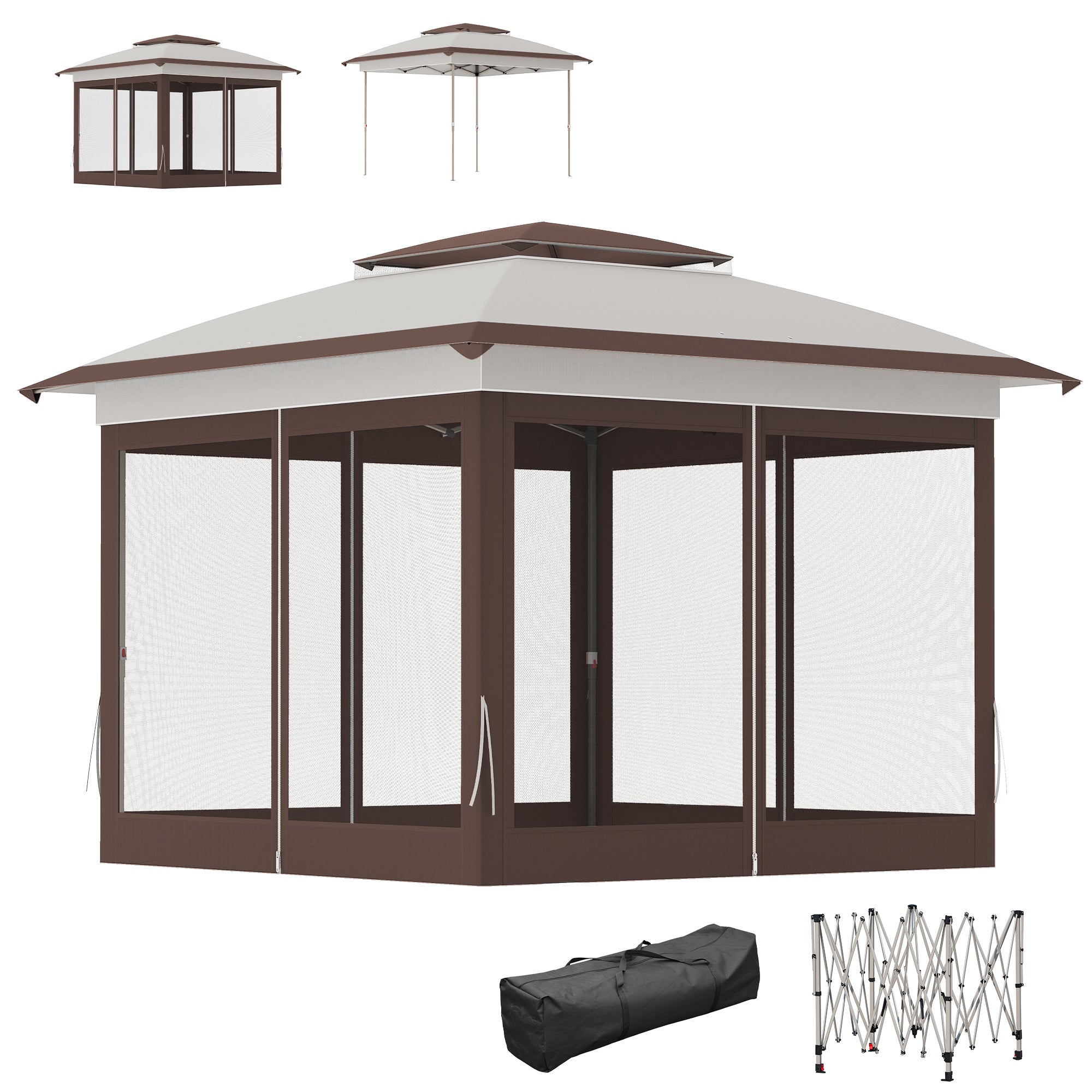 12' x 12' Pop Up Canopy Tent with Netting and Carry Bag, Instant Sun Shelter with 137 sq.ft Shade, Beige and Brown