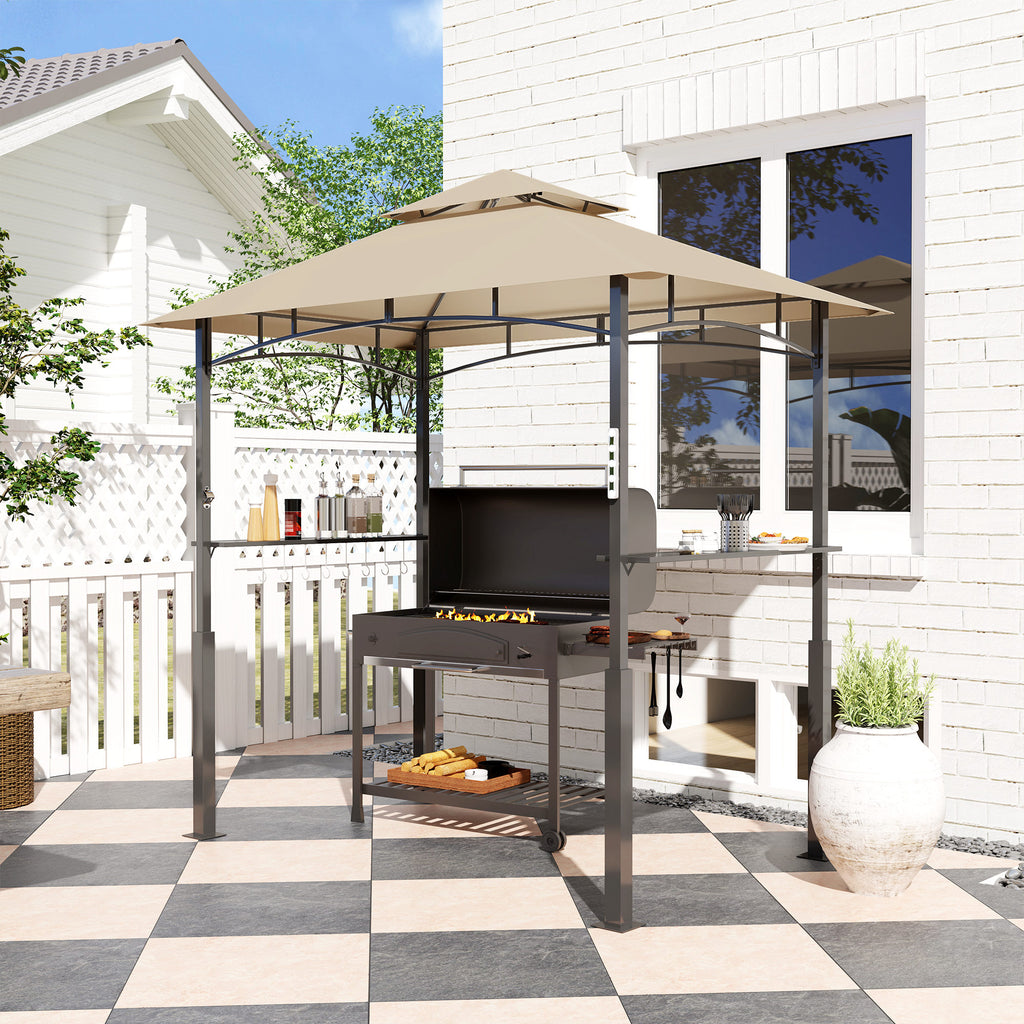 8' x 5' Outdoor Grill Gazebo, Barbecue Gazebo Shelter with LED Light, 2 Side Shelves, Hooks, Bottle Opener, Khaki