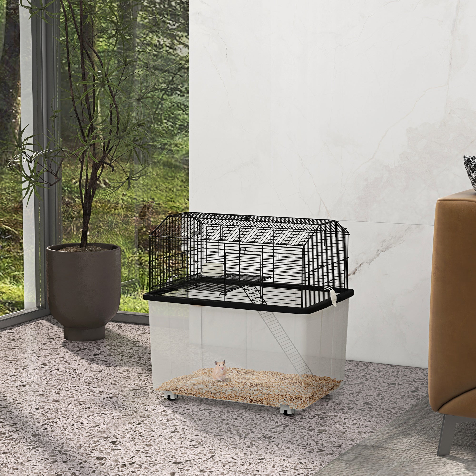 22" 2-Tier Hamster Cage with Extra-Deep 14" Base, Small Animal Cage with Ramp, Water Bottle, Food Dish, Wheels, Black