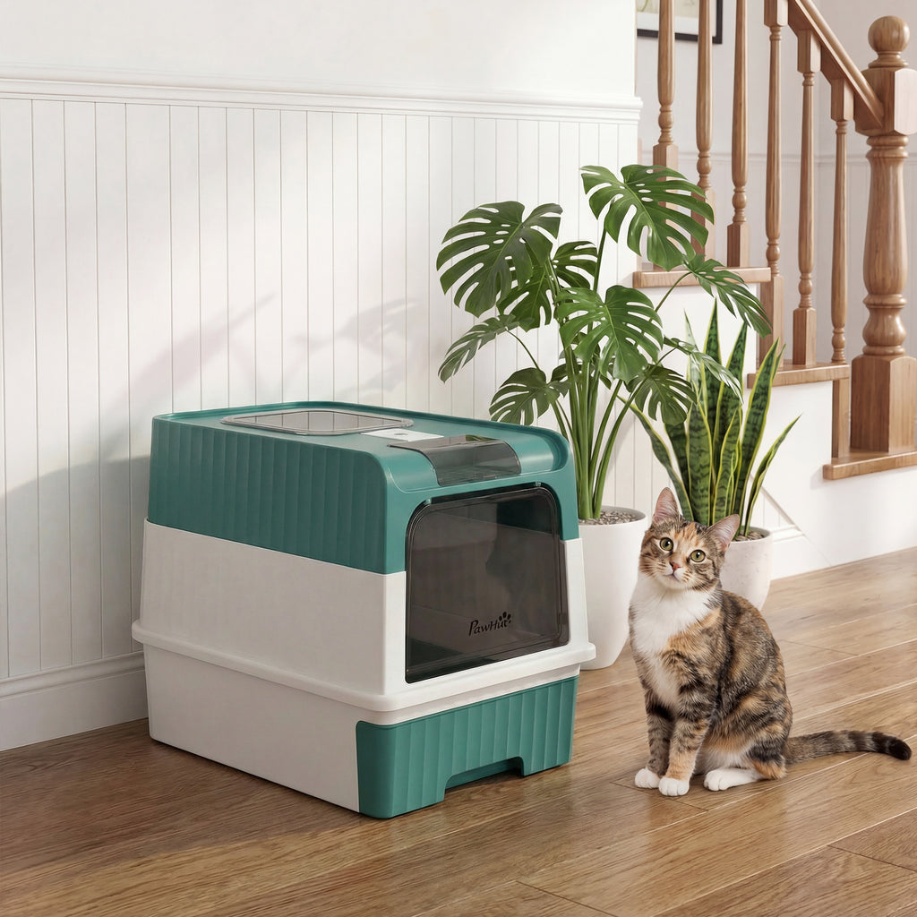 Cat Litter Box Hooded Cat Litter Tray with Drawer Pan Front Entry & Top Exit Easy Cleaning Teal