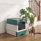 Cat Litter Box Hooded Cat Litter Tray with Drawer Pan Front Entry & Top Exit Easy Cleaning Teal