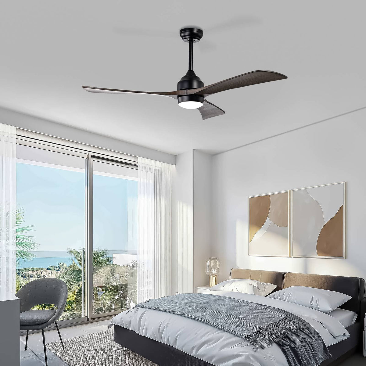 52" Ceiling Fan with Lights and Remote Control, Quiet DC Motor, 3 Blades, 6 Speed Levels, Reversible, for Indoor Patio, Living Room, Bedroom, Office, Matte Black