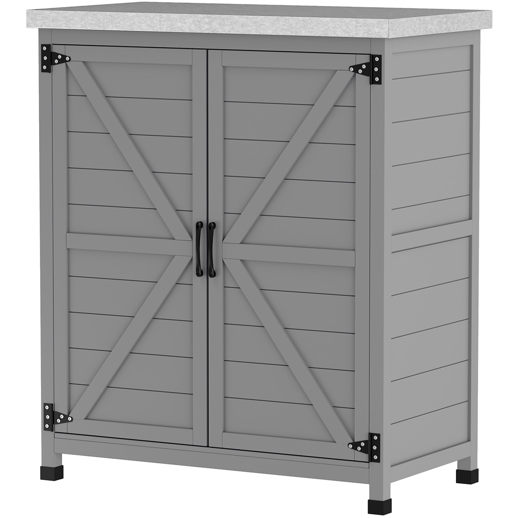 Wooden Storage Cabinet, Outdoor Prep Table with Metal Tabletop, Shelves and Double Doors for Patio, Garden, Gray