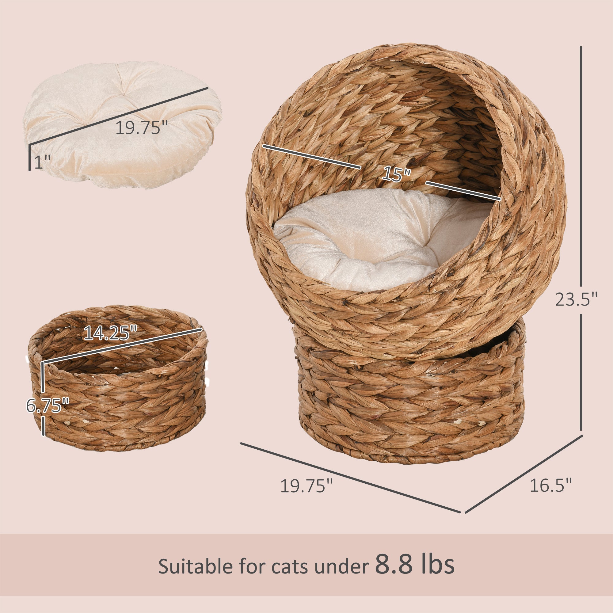 Handwoven Elevated Cat Bed with Soft Cushion & Egg Chair Shape, Basket Bed Kitty House with Stand, Raised Wicker House for Indoor Cats, 23.5" H, Light Brown