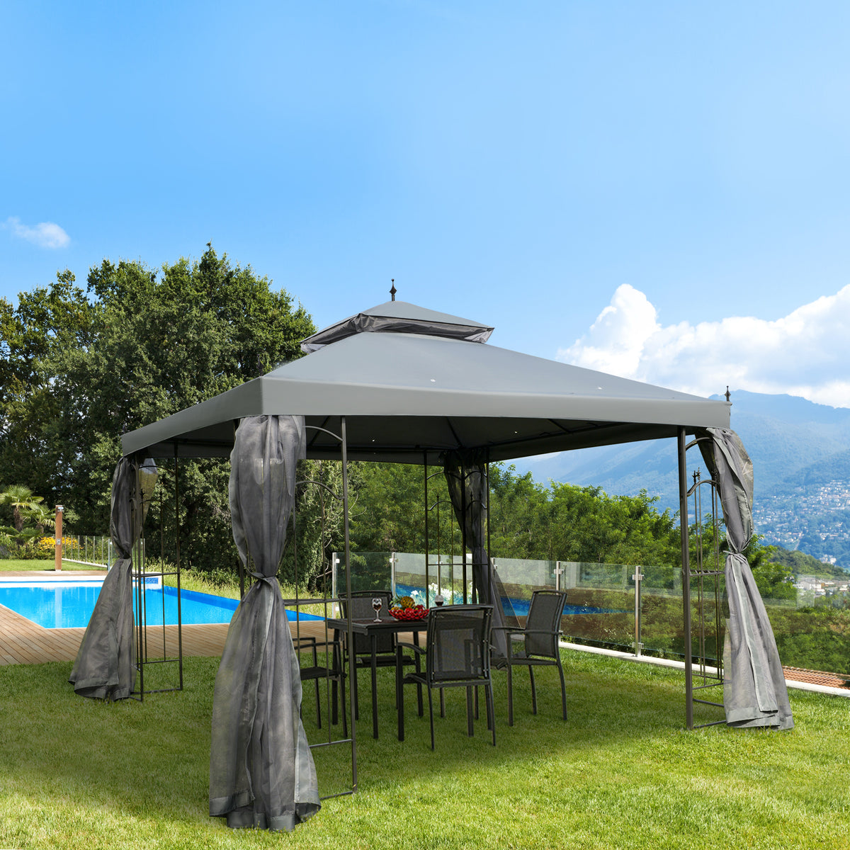 118" x 118" Steel Outdoor Patio Gazebo Canopy with Removable Mesh Curtains, Display Shelves, & Steel Frame, Gray