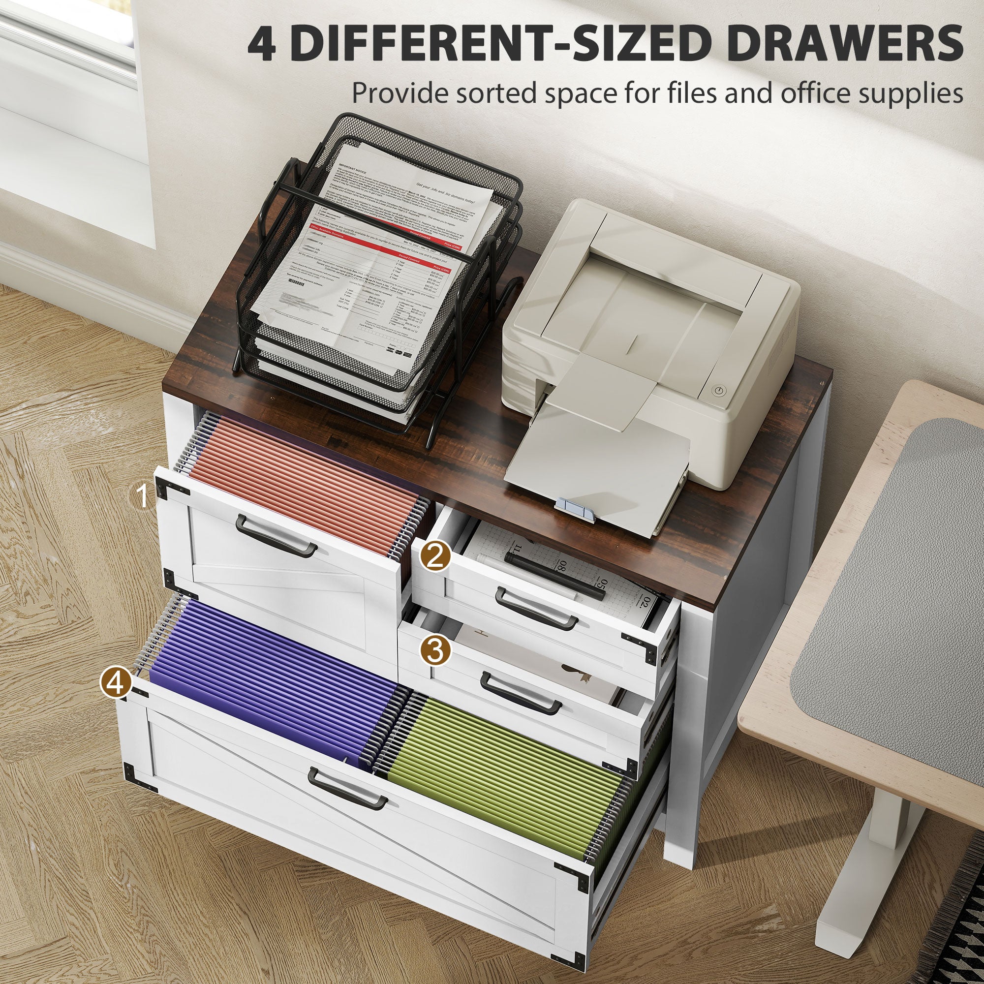 Lateral Filing Cabinet, Farmhouse File Cabinet with 4 Drawers, Fit Letter/A4/Legal Hanging Files, White