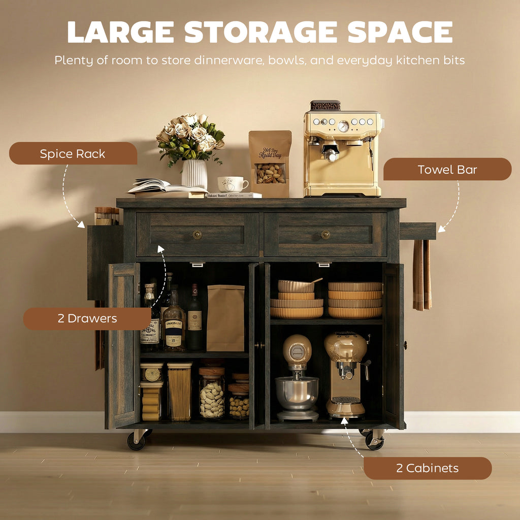 44" Mobile Kitchen Island Table, Kitchen Island Cart on Wheels with Storage Cabinets, 2 Drawers, Brown