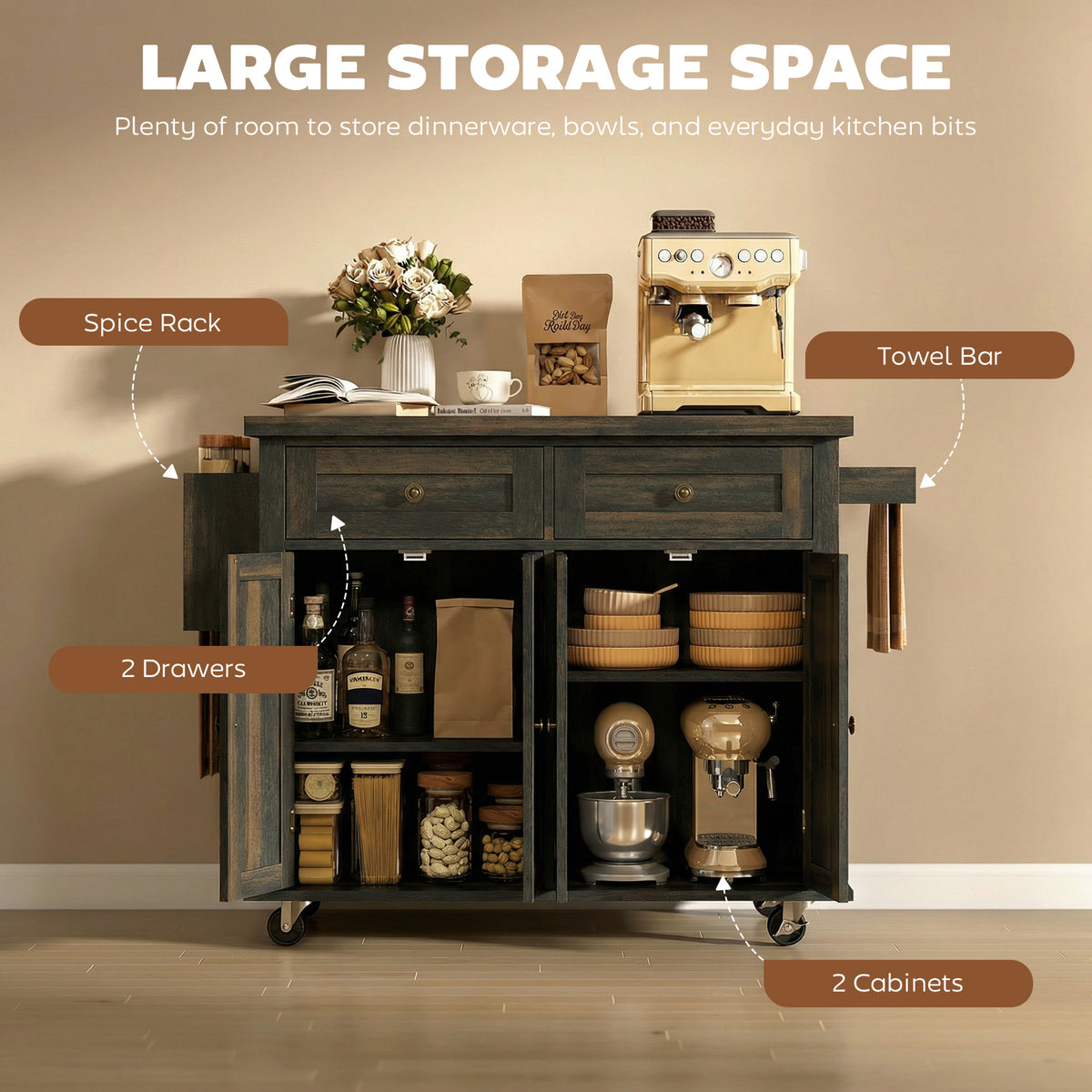 44" Mobile Kitchen Island Table, Kitchen Island Cart on Wheels with Storage Cabinets, 2 Drawers, Brown