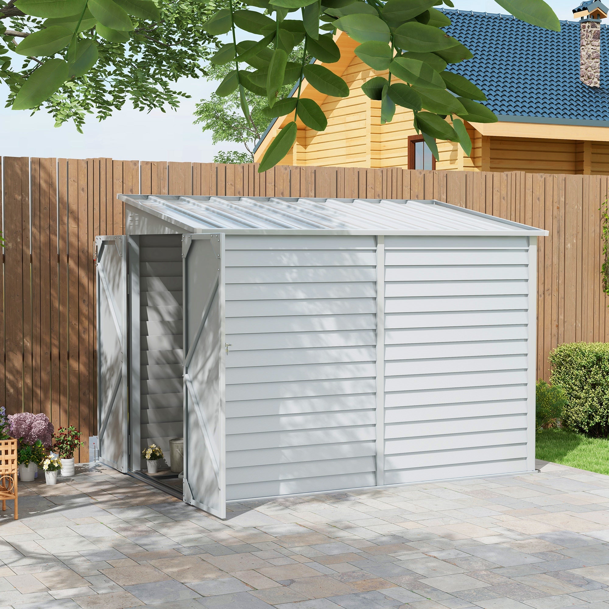Garden Shed 4.6ft x 9ft Lockable for Lawn Mower Garden Yard, White