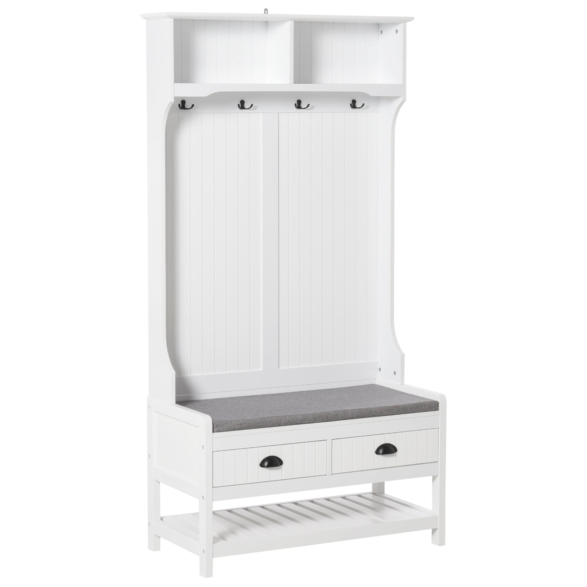 3-in-1 Hall Tree, Entryway Bench with Coat Rack, Mudroom Bench with Shoe Rack, 2 Storage Drawers, 4 Hooks and Padded Seat Cushions for Hallway, White