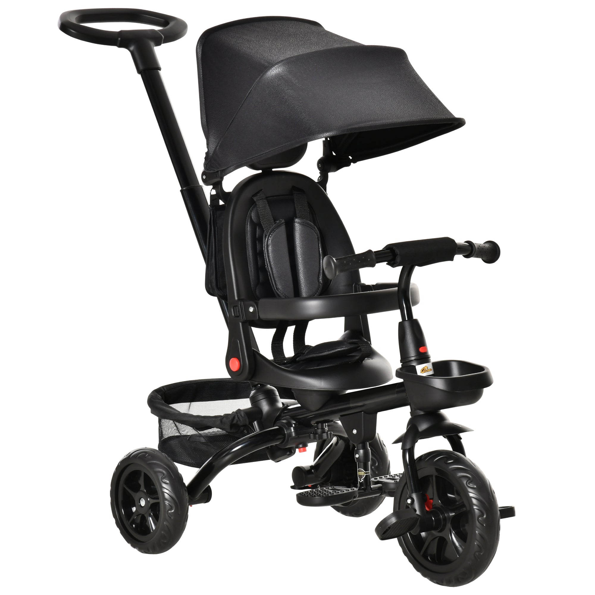Kids Tricycle, 5 in 1 Foldable Trike with Reversible Seat, Adjustable Parent Handle, Safety Harness, Wheel Brakes, Removable Canopy, Storage, Tricycle for Toddlers 1-5 Years, Black