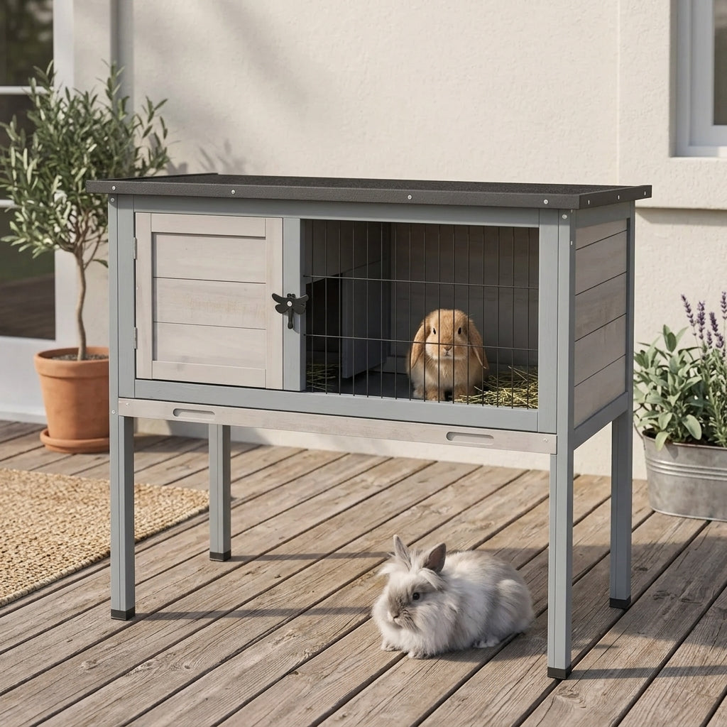 Elevated Rabbit Hutch, Wooden Bunny Cage with Hinged Asphalt Roof and Removable Tray, for Indoor/Outdoor, Gray