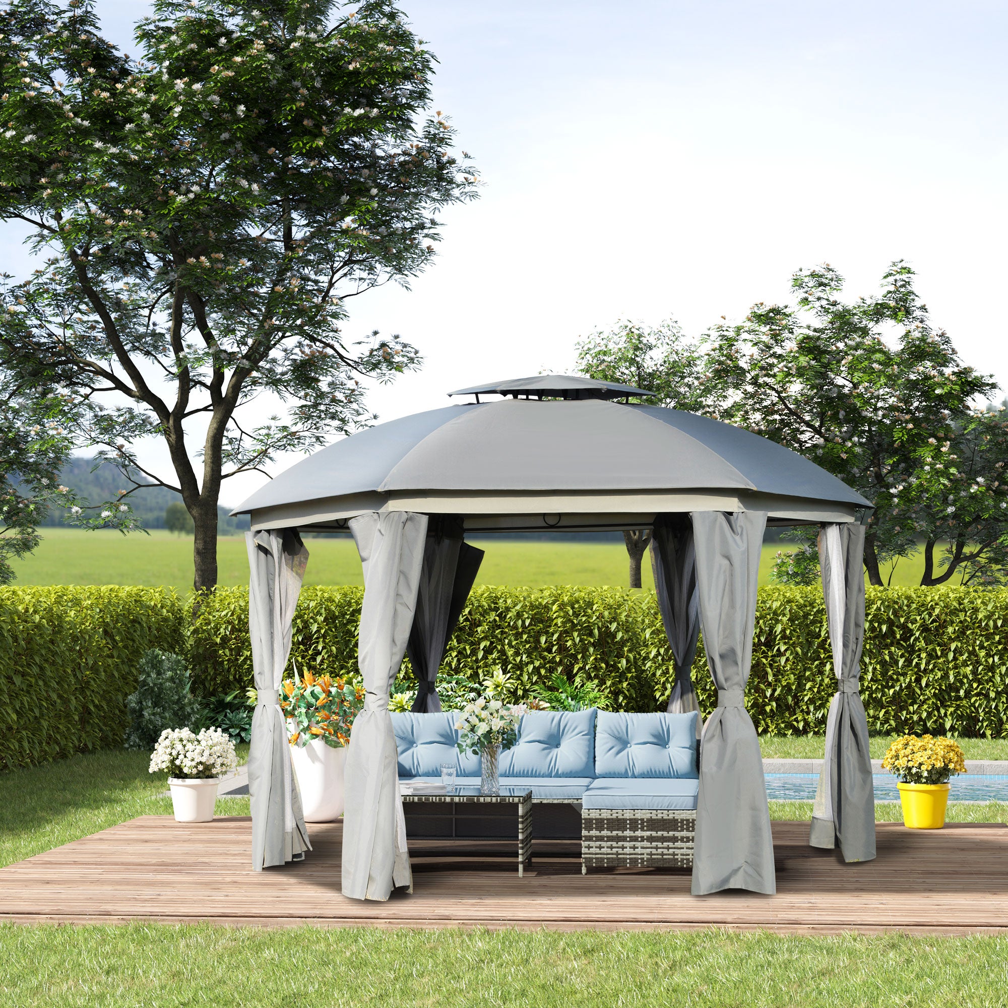12' x 12' Round Outdoor Gazebo, Patio Dome Gazebo Canopy Shelter with Double Roof, Netting Sidewalls and Curtains, Zippered Doors, Strong Steel Frame, Grey