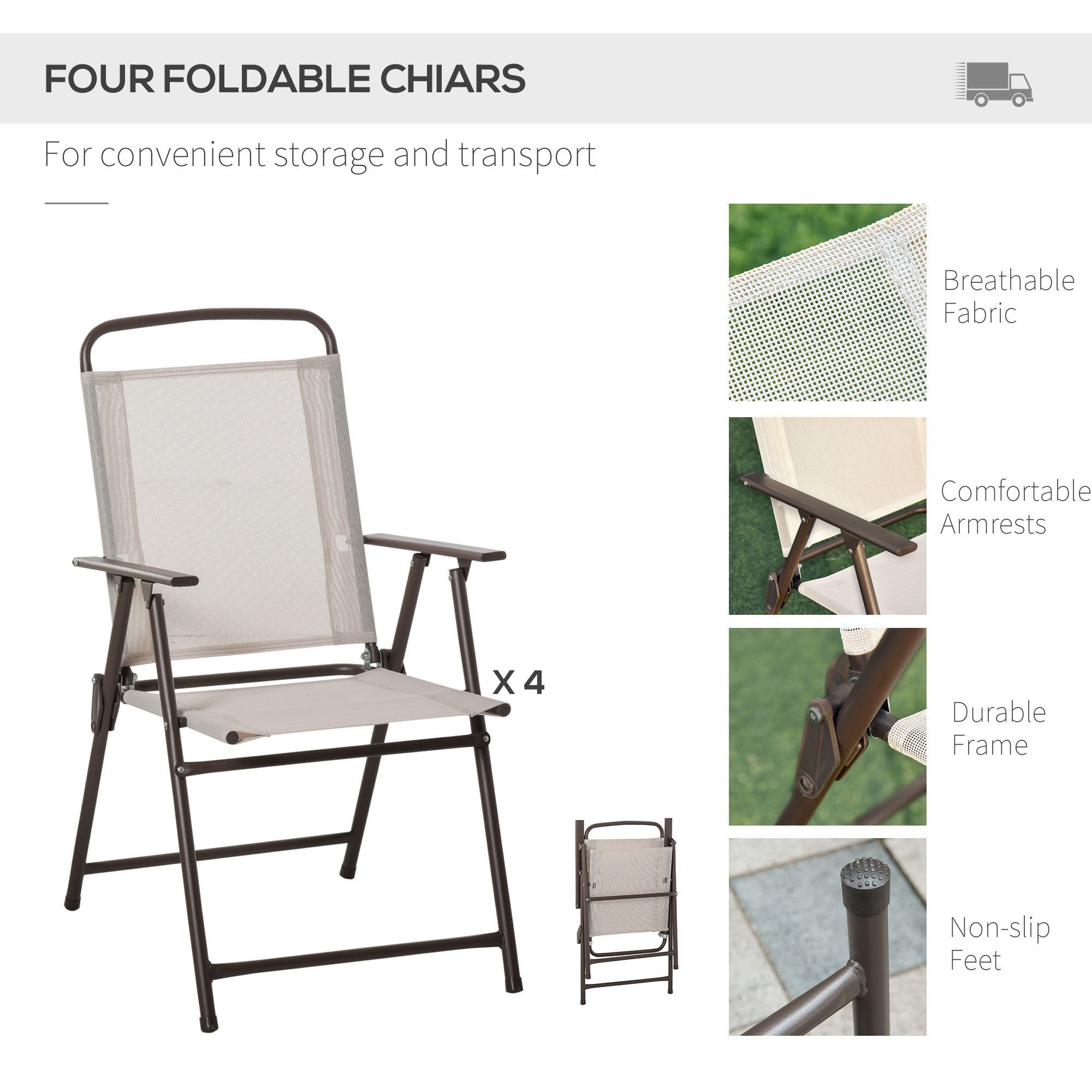 6 Piece Patio Dining Set for 4 with Umbrella, Outdoor Table and Chairs with 4 Folding Dining Chairs & Round Glass Table for Garden, Backyard and Poolside, Beige