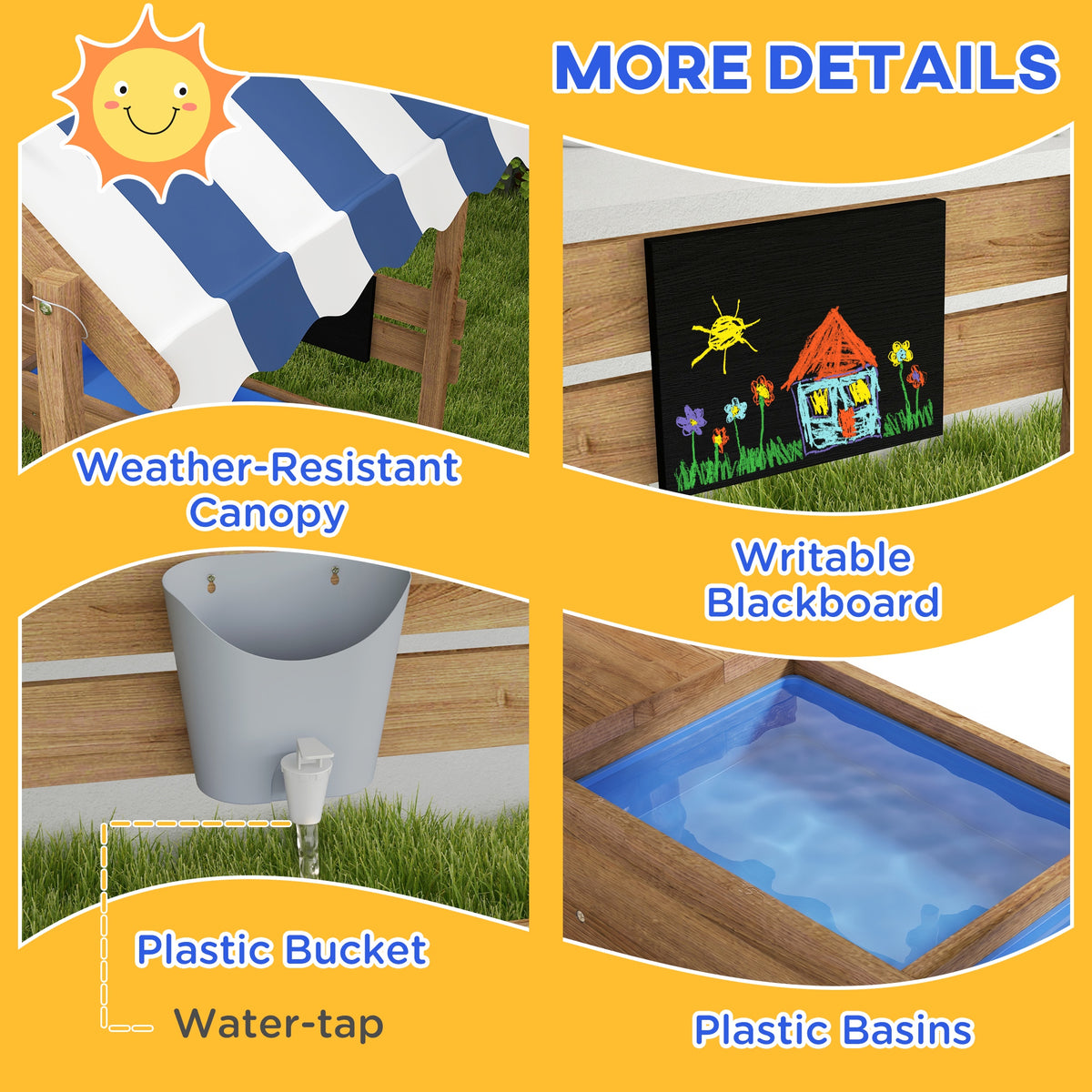 Wooden Sandbox with Canopy, House Design for 3-7 Years Old, Brown