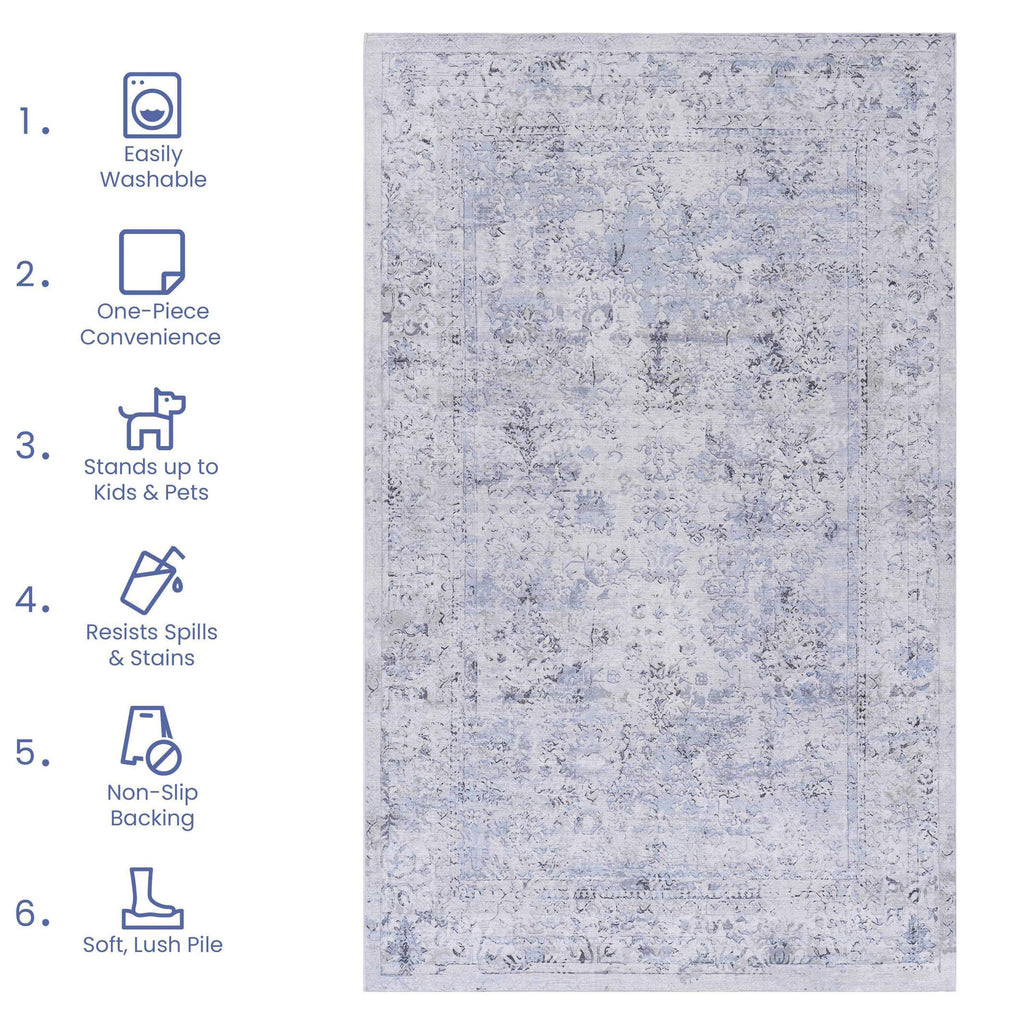 8x10 Foldable Low-Pile Non-Slip Non-Shedding Area Rug, Machine Washable, Kid and Pet Friendly, Carpet for Living Room, Kitchen, Blue+Cream
