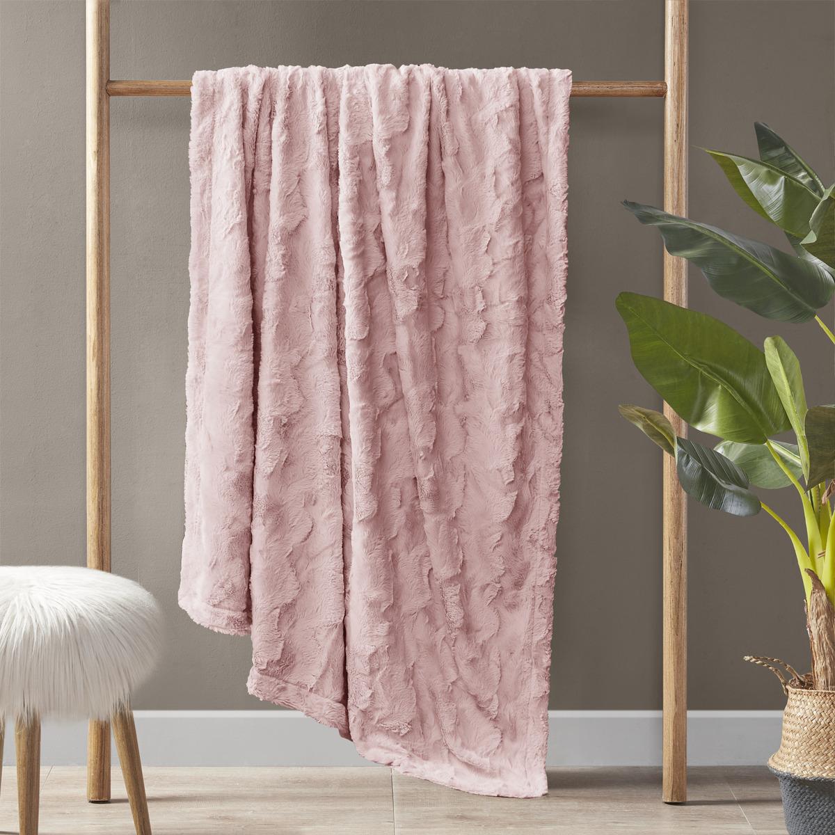 Oversized Faux Fur Throw with Solid Mink Reverse, Machine Washable, Luxuriously Soft Blanket for Bedroom, 70" L x 60" W x 0.25" H, Blush