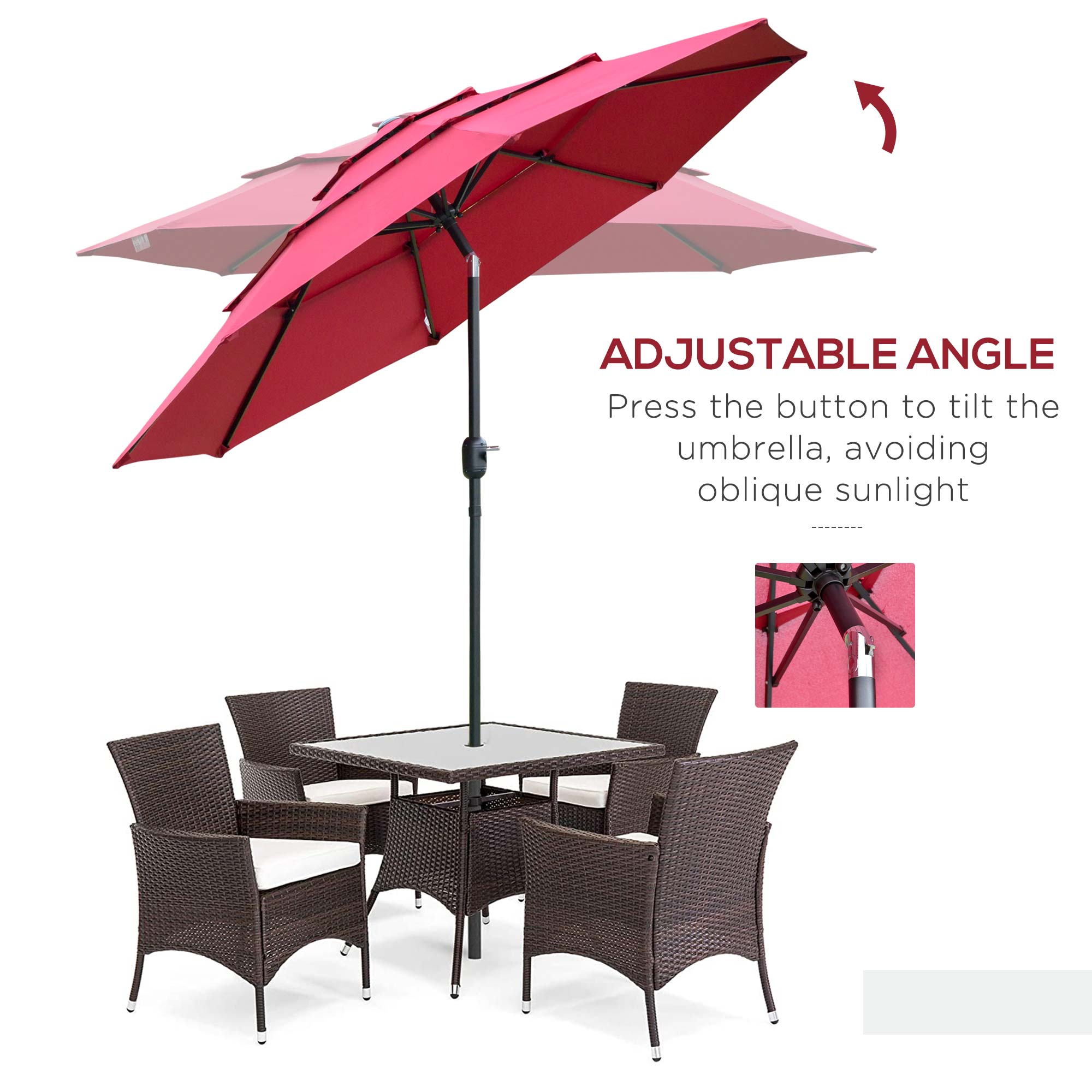 9FT 3 Tiers Patio Umbrella Outdoor Market Umbrella with Crank, Push Button Tilt for Deck, Backyard and Lawn, Wine Red