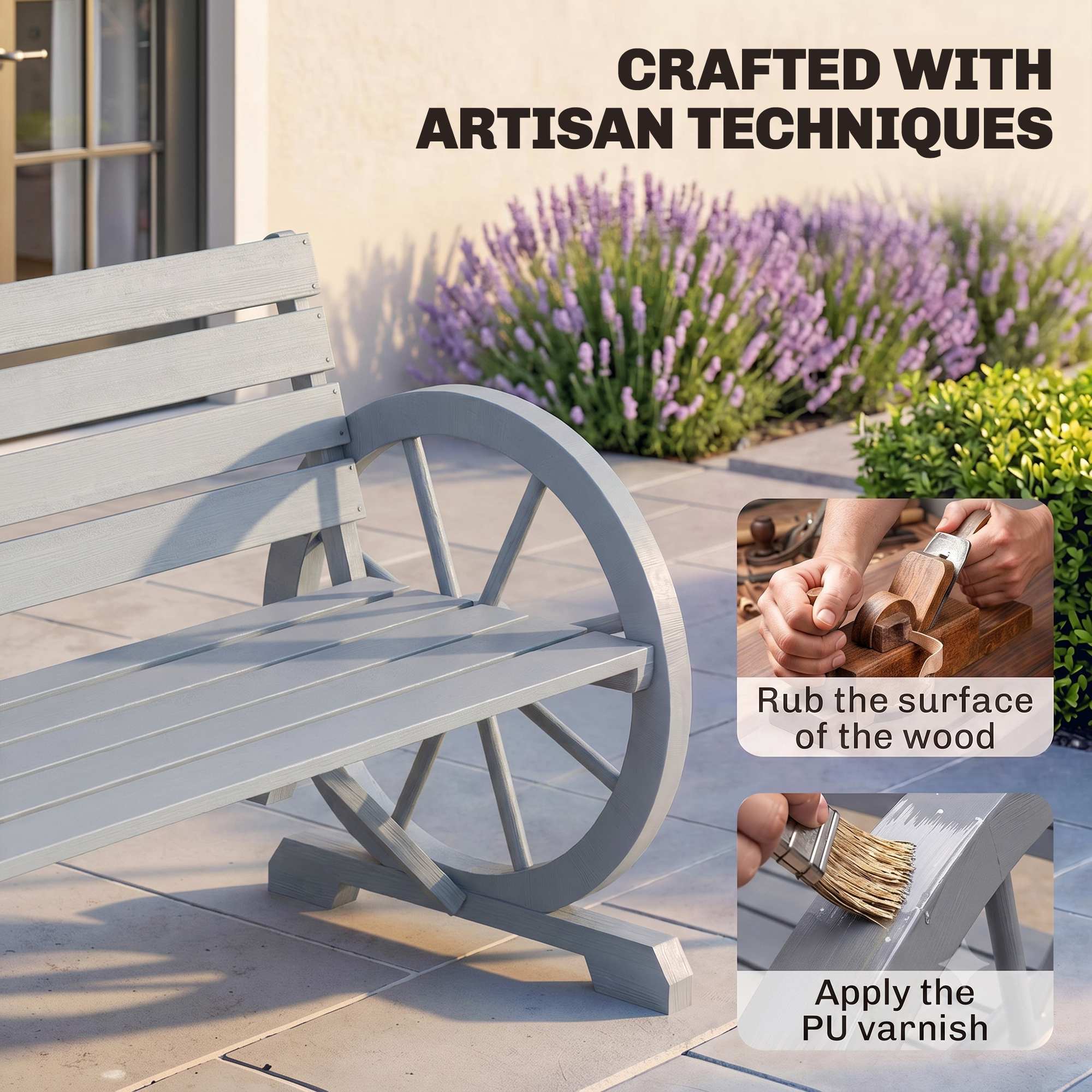 41" Wooden Wagon Wheel Bench, Rustic Outdoor Patio Bench Weather Resistance Furniture, 2-Person Slatted Seat with Backrest, Light Gray