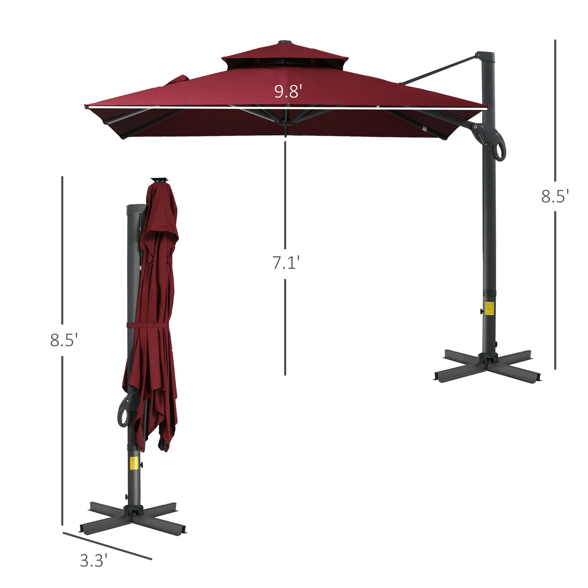 10ft Offset Patio Umbrella, Hanging Cantilever Umbrella, Square Shape, Aluminum Cross Base, Tilt, 360-Degree Rotation, Red