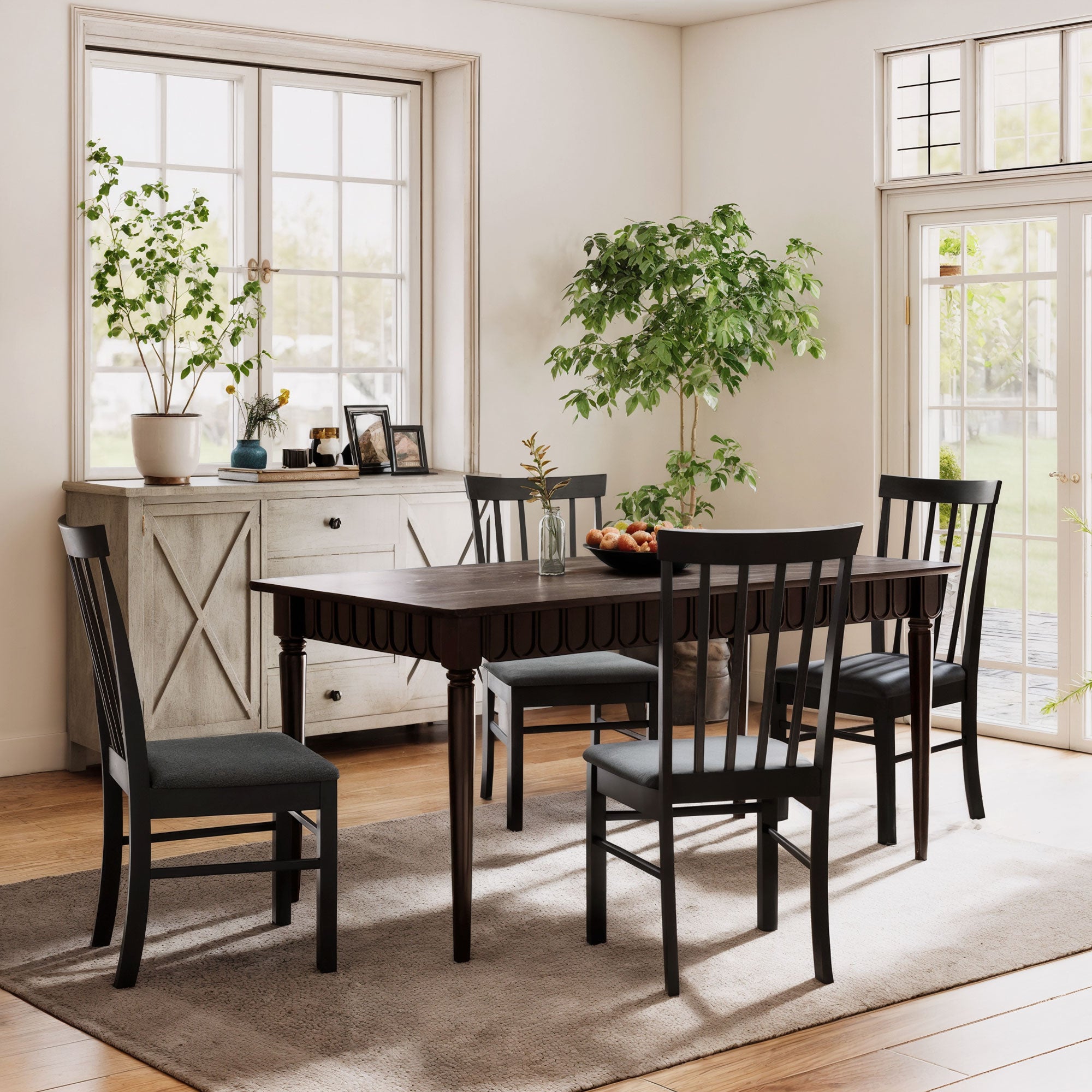 Wooden Dining Chairs Set of 4, Farmhouse Upholstered Kitchen Chairs with Rubber Wood Frame, Black and Gray