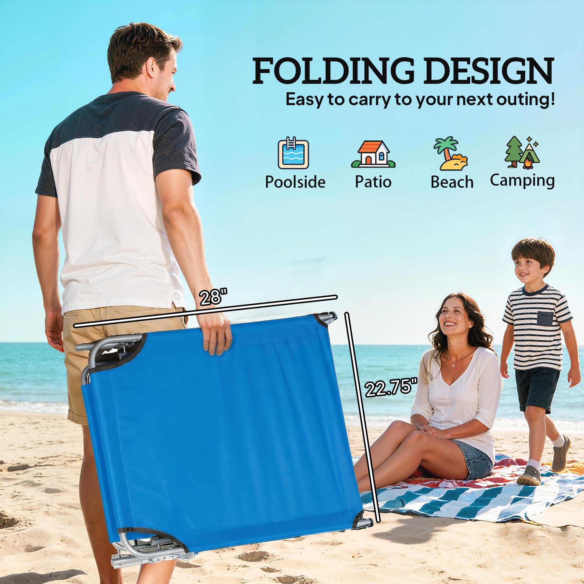 Outdoor Pool Chaise Lounge Chair, Folding Tanning Chair with Sun Shade, Blue