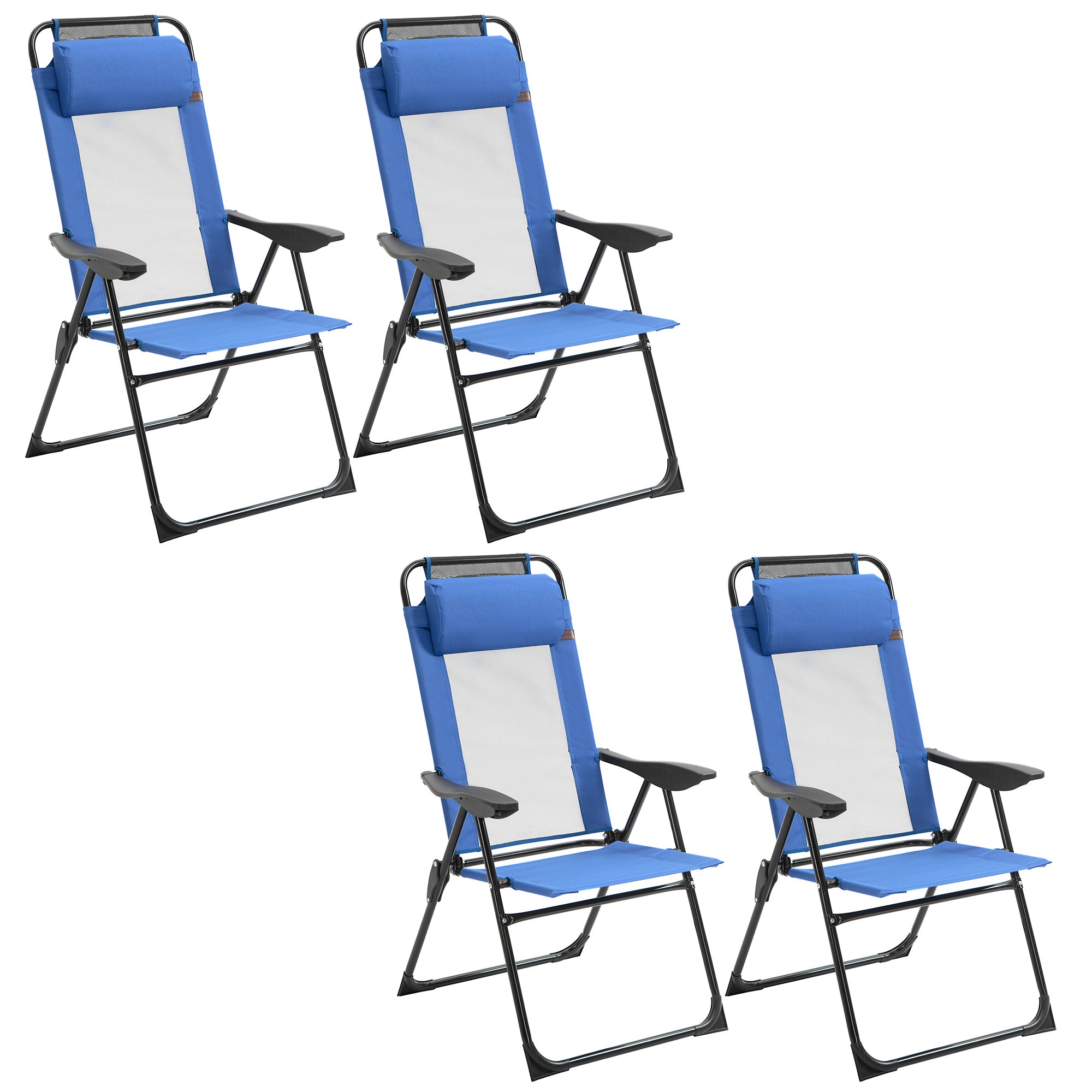 Set of 4 Folding Patio Chairs, Camping Chairs with Adjustable Sling Back, Removable Headrest, Armrest for Garden, Backyard, Lawn, Blue