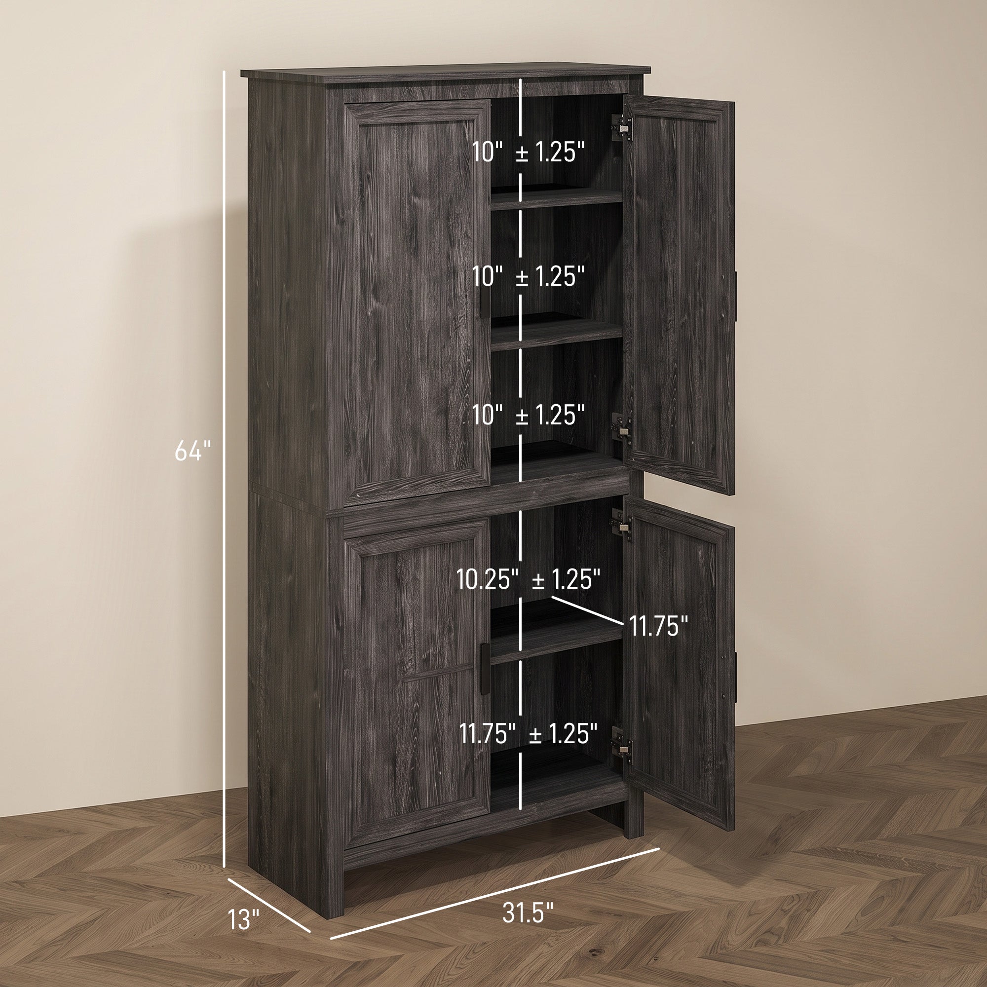 64" 4-Door Kitchen Pantry, Freestanding Storage Cabinet with 3 Adjustable Shelves for Kitchen, Gray Oak