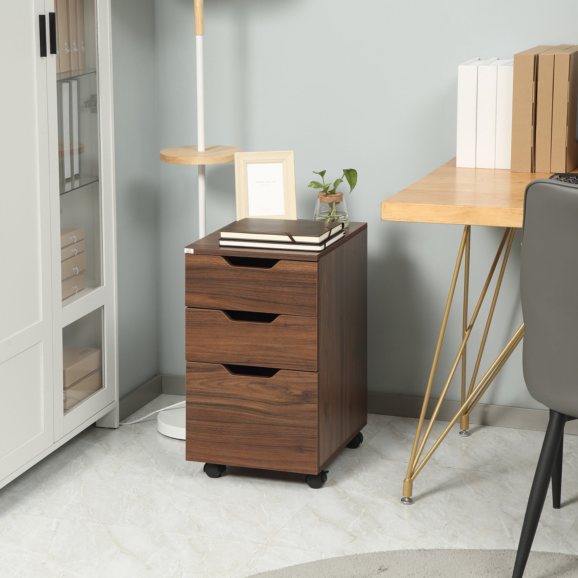 3 Drawer Mobile File Cabinet, Rolling Printer Stand, Vertical Filing Cabinet, Brown Wood Grain