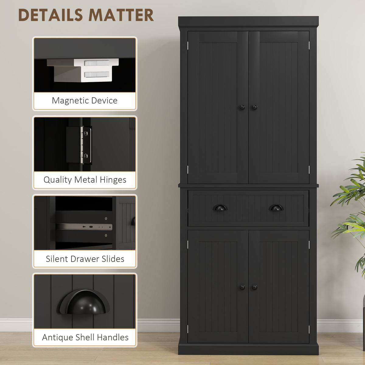 72" Kitchen Pantry Storage Cabinet, Cupboard with 4 Doors and 3 Adjustable Shelves, Large Central Drawer, Black