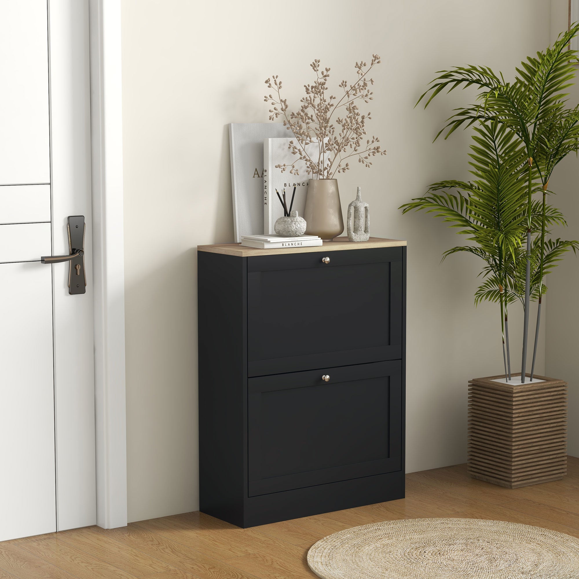 Slim Shoe Storage Cabinet, Modern Shoe Cabinet with 2 Flip Drawers and Adjustable Shelves for 8-12 Pairs, Black