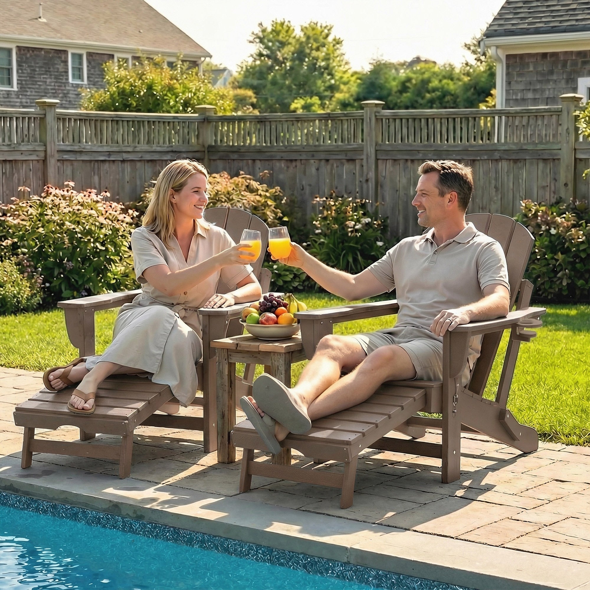 Folding Adirondack Chair Set of 2, HDPE Fire Pit Chair with Retractable Ottoman and Cup Holder, Brown