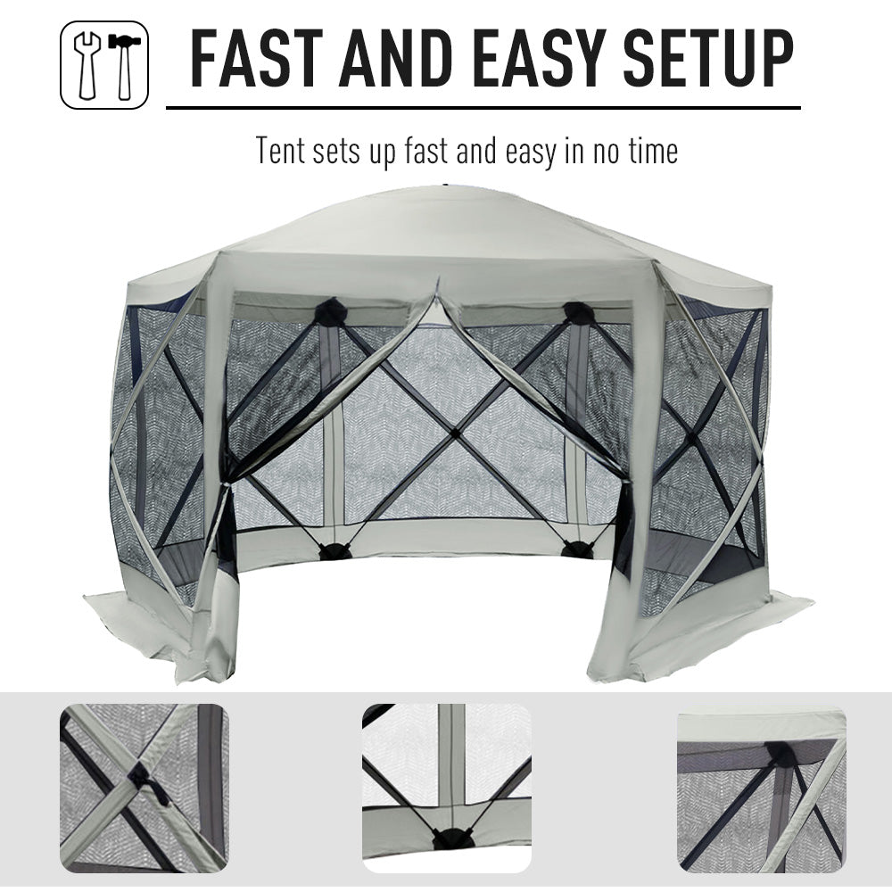 6-Sided Hexagon Pop Up Party Tent Gazebo with Mesh Netting Walls & Shaded Interior, 12' x 12', Beige