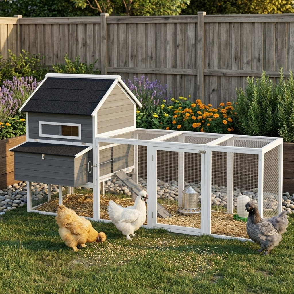 137" Wooden Chicken Coop for 4-6 Chickens, Backyard, Dark Gray