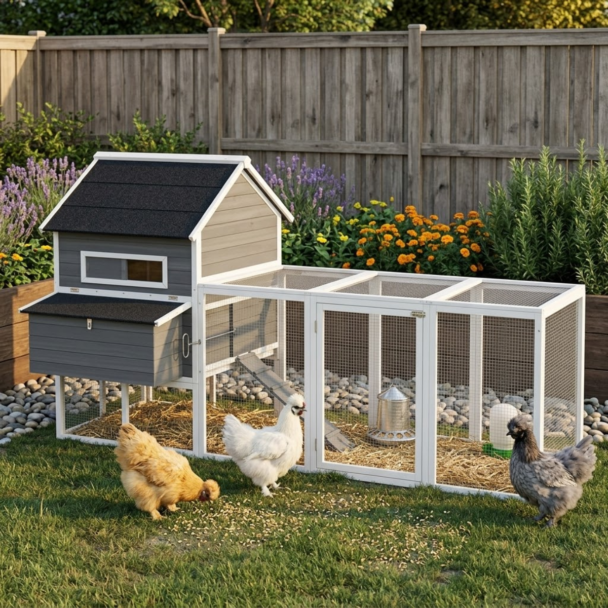 137" Wooden Chicken Coop for 4-6 Chickens, Backyard, Dark Gray