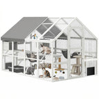 Wooden Catio Outdoor Cat Enclosure with Waterproof Cover, 2 Condos, 6 Platforms, Bridge, Doors, White