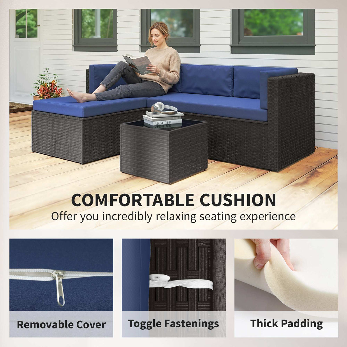 3 Piece Patio Furniture Set, Wicker Outdoor Patio Conversation Furniture Set with Cushions, Glass Top Table, Navy Blue