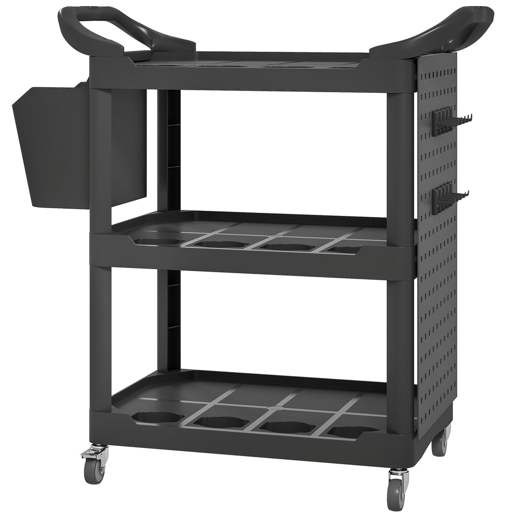 3-Tier Rolling Tool Cart, 200 LBS Capacity Plastic Utility Cart with Side Shelf and Storage Bucket, Black