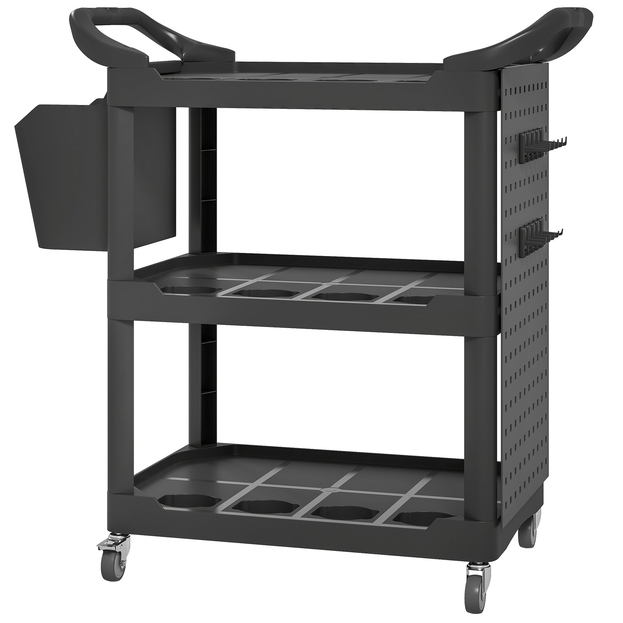 3-Tier Rolling Tool Cart, 200 LBS Capacity Plastic Utility Cart with Side Shelf and Storage Bucket, Black