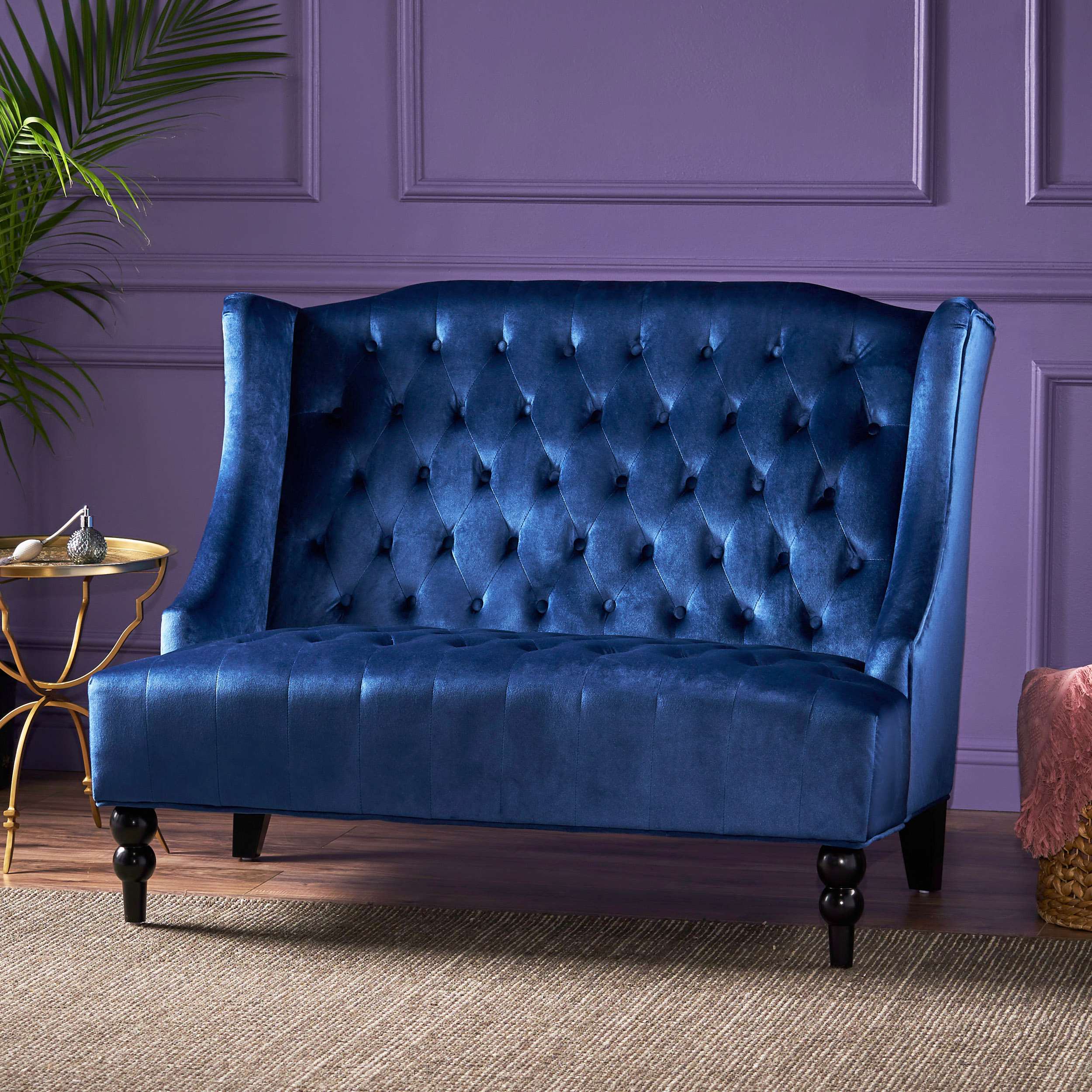 Modern Glam Loveseat Sofa with Velvet Upholstery, Wingback Design, Button-Tufted Diamond Stitch, 50.50" W x 34.00" D x 38.50" H, Navy Blue