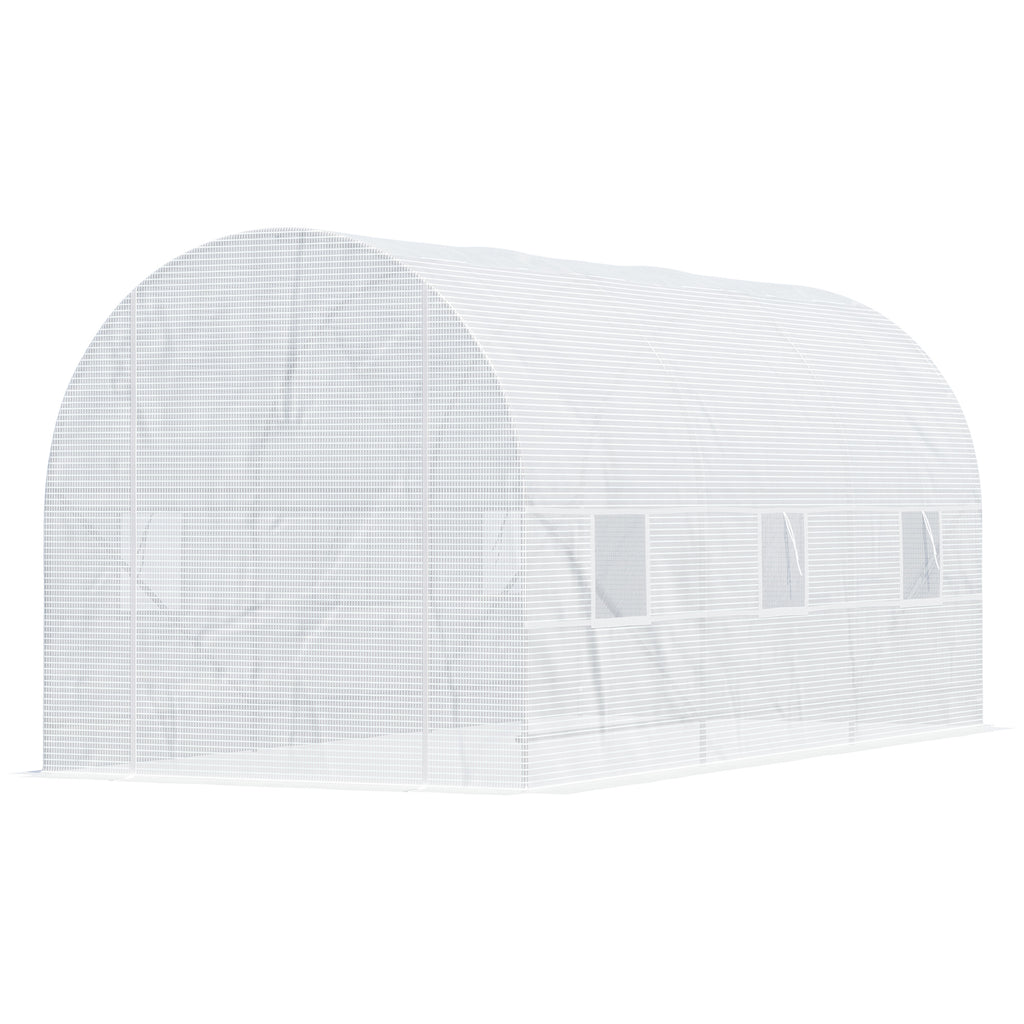 15' x 7' x 7' Walk-In Tunnel Greenhouse, Large Garden Hot House Kit with 6 Roll-up Windows & Roll Up Door, Steel Frame, White