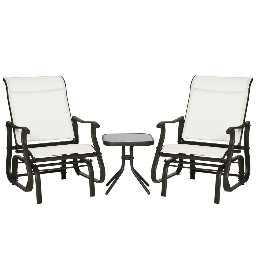 3-Piece Outdoor Gliders Set Bistro Set with Steel Frame, Tempered Glass Top Table for Patio, Garden, Backyard, Lawn, Cream White